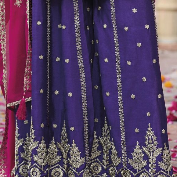 Designer Pink Pakistani Wedding Wear Chinon Silk Embroidered Palazzo Suit - Picture 2 of 4